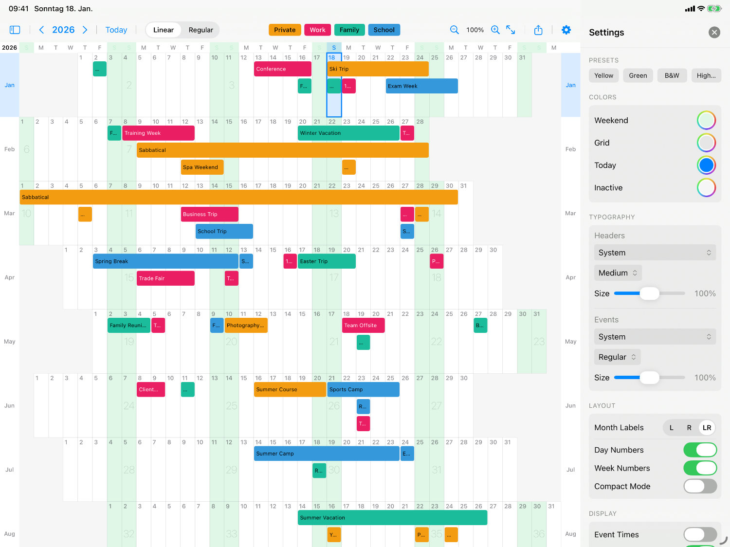 Lineár Calendar zeigt das gesamte Jahr auf einen Blick