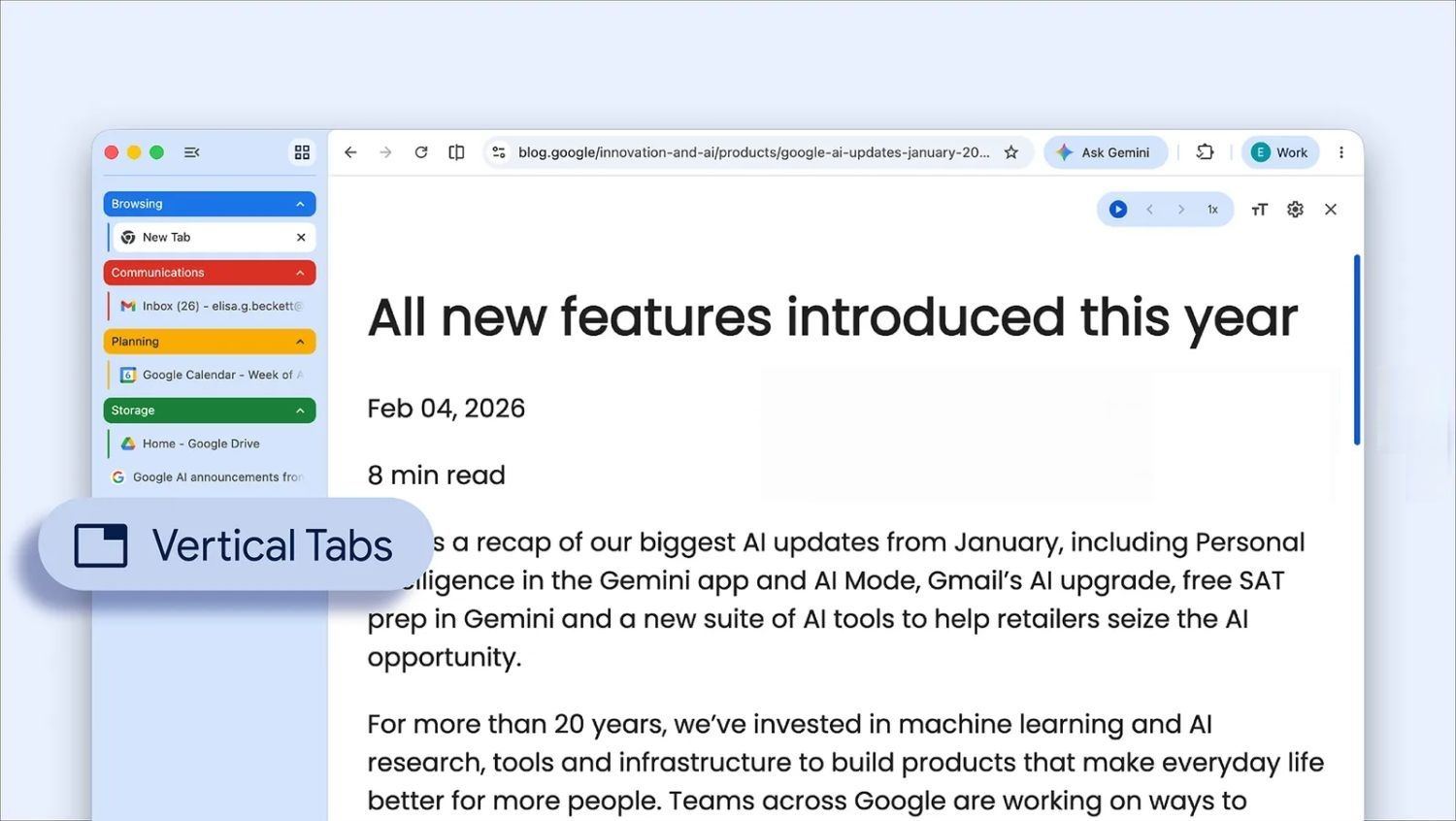 Vertikale Tabs und überarbeiteter Lesemodus: Chrome führt neue Funktionen offiziell ein