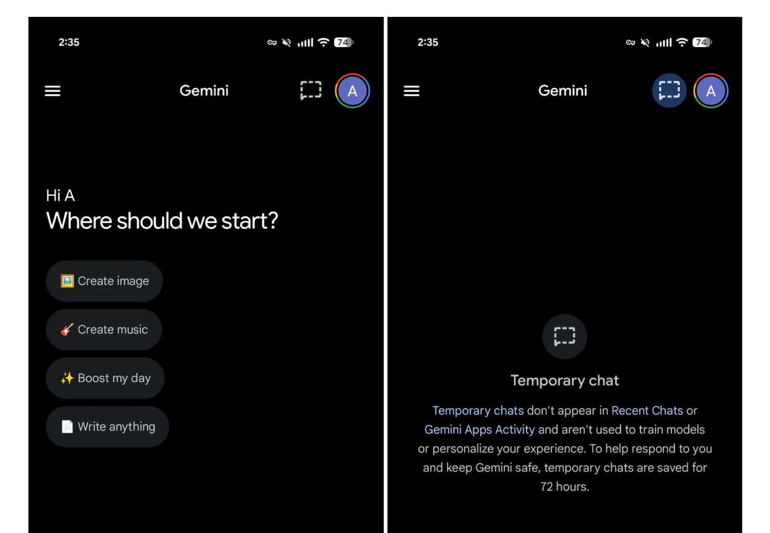 Gemini: Aufruf des Inkognito Modus bekommt eine neue Position – temporärer Chat wandert in das Hauptmenü